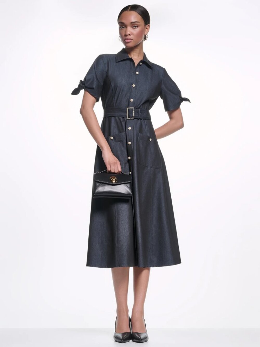 KNOT SLEEVE MIDI SHIRT DRESS